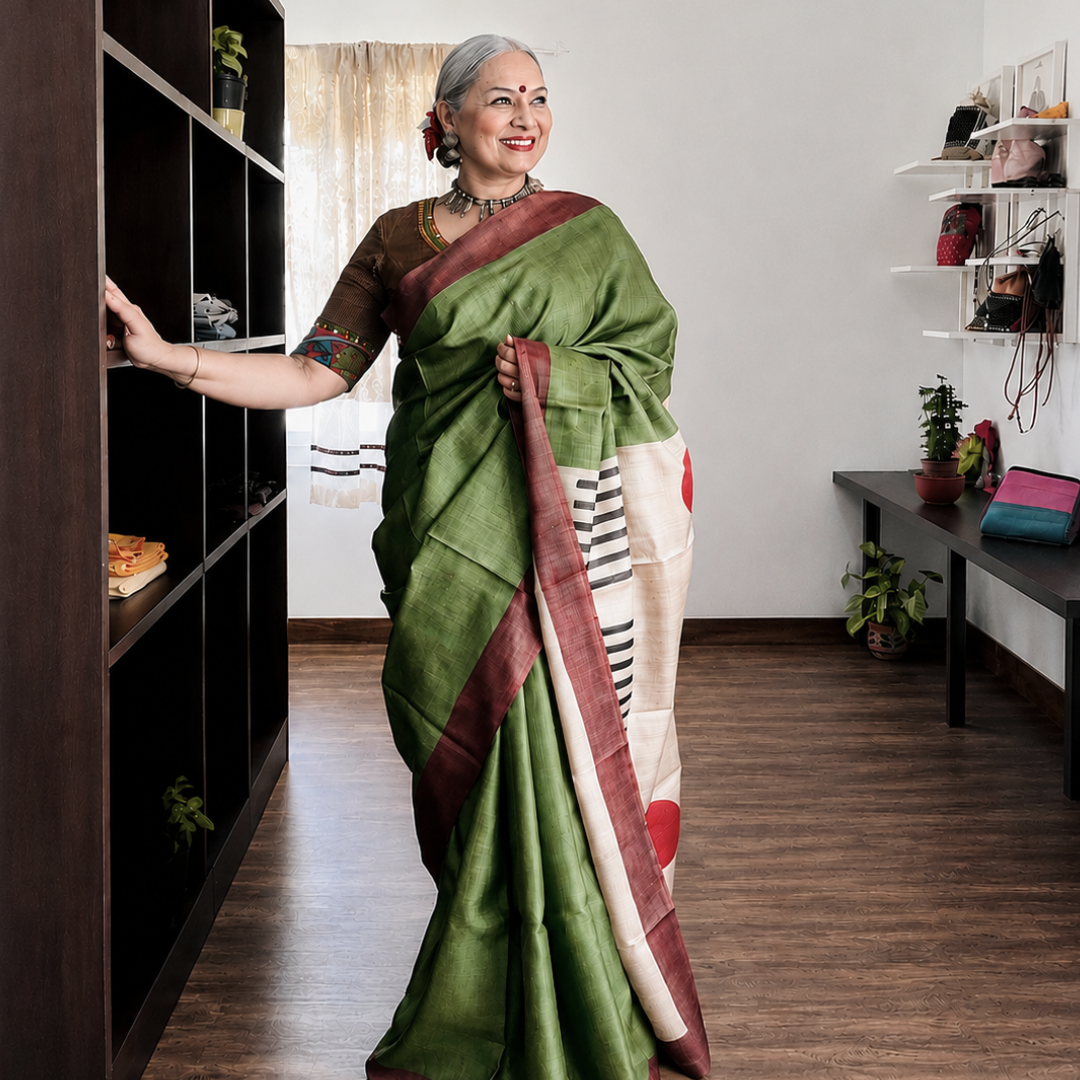 Moss Green Handcrafted Handloom Tussar Silk Saree