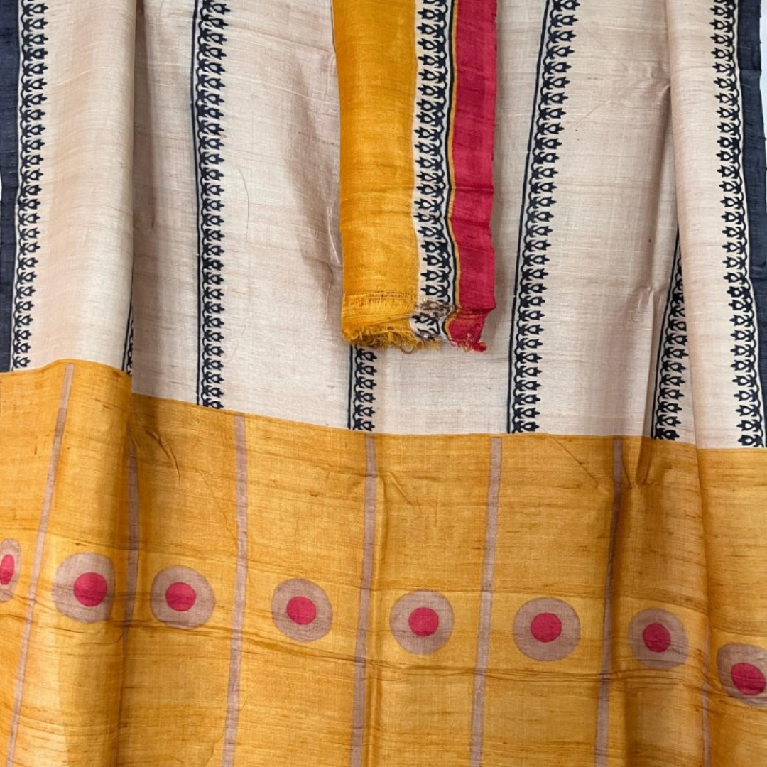Ivory and Yellow Handcrafted Handloom Pure Tussar Silk Saree