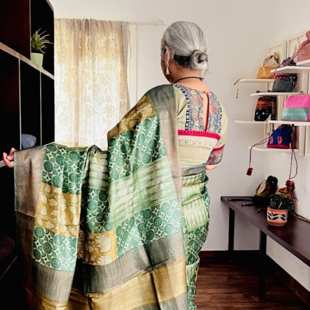 Green Handcrafted Handloom Pure Tussar Silk Saree