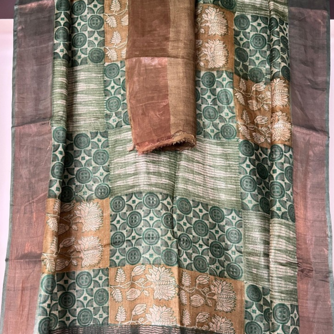 Green Handcrafted Handloom Pure Tussar Silk Saree