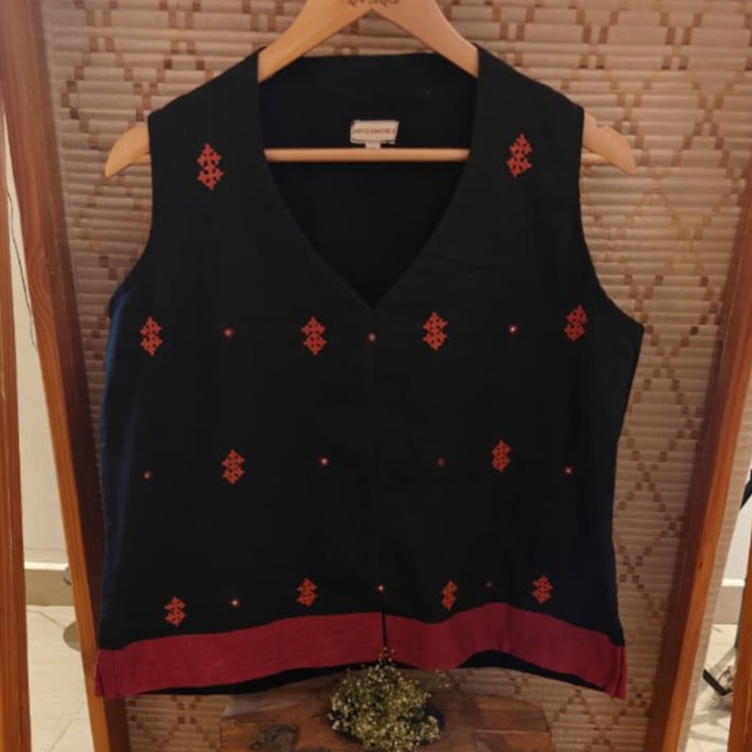 Black Handwoven Handloom Jamdhani Short Top