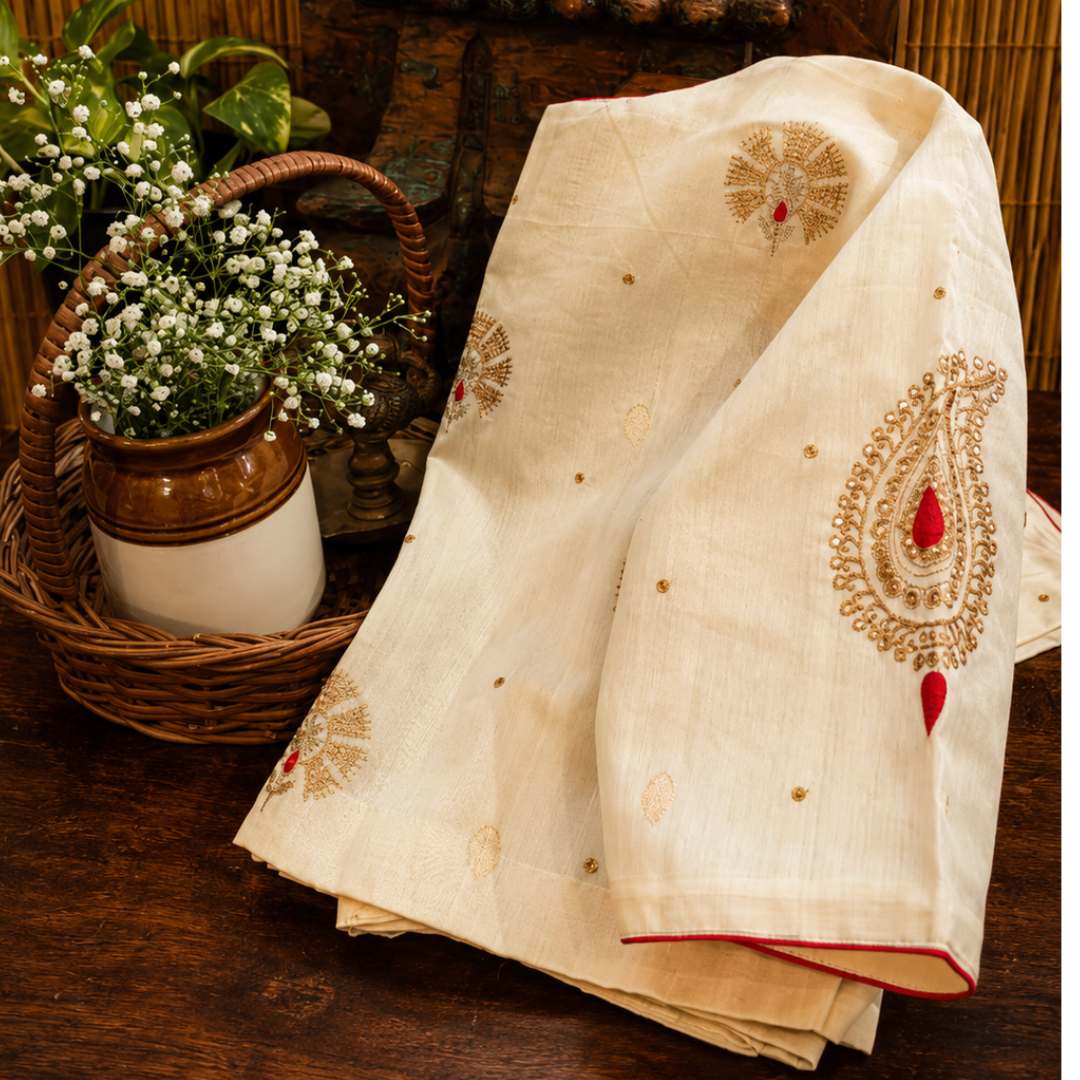 Ivory & Old Gold Handcrafted Handloom Chanderi Silk Blouse