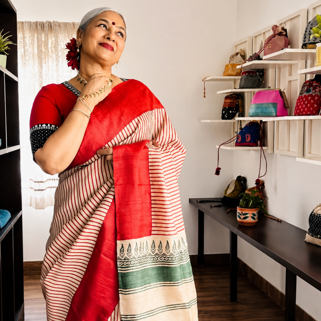 Chilli Red & Green Handcrafted Handloom Pure Tussar Silk Saree