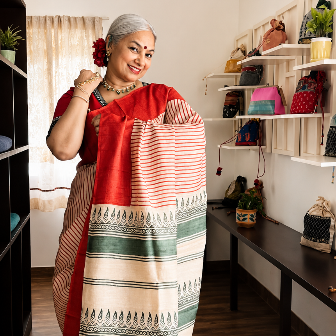 Chilli Red & Green Handcrafted Handloom Pure Tussar Silk Saree