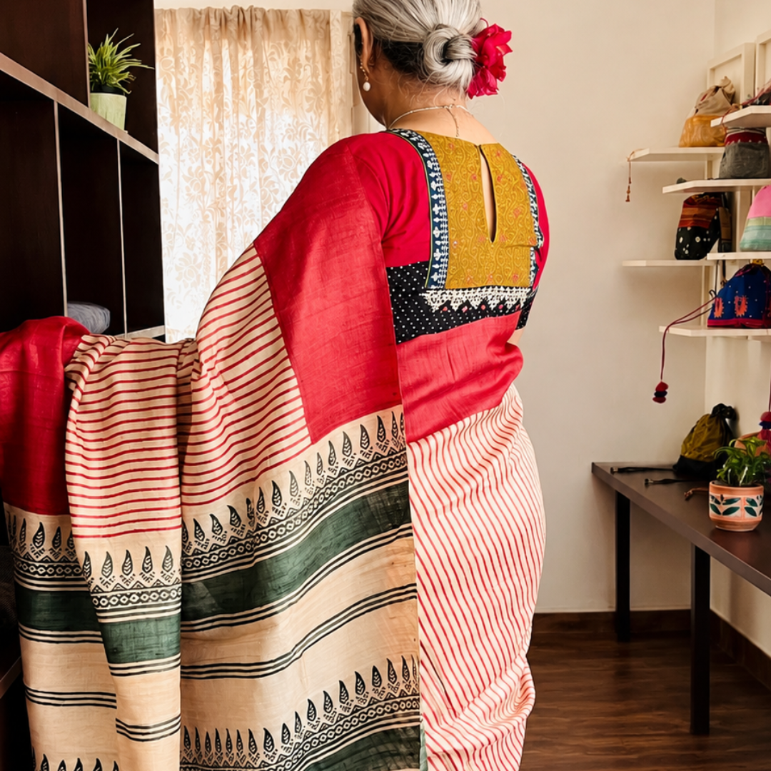 Chilli Red & Green Handcrafted Handloom Pure Tussar Silk Saree