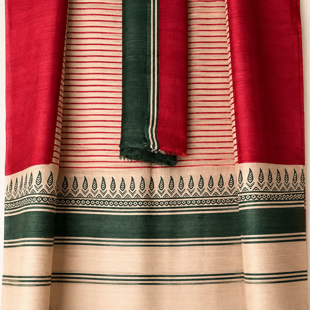 Chilli Red & Green Handcrafted Handloom Pure Tussar Silk Saree