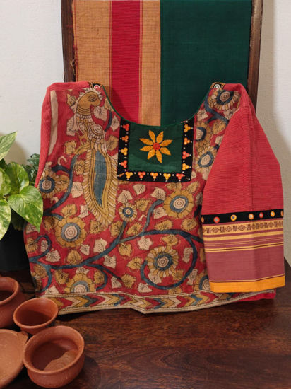 🔴🌿 Red Kalamkari & Green Yoke