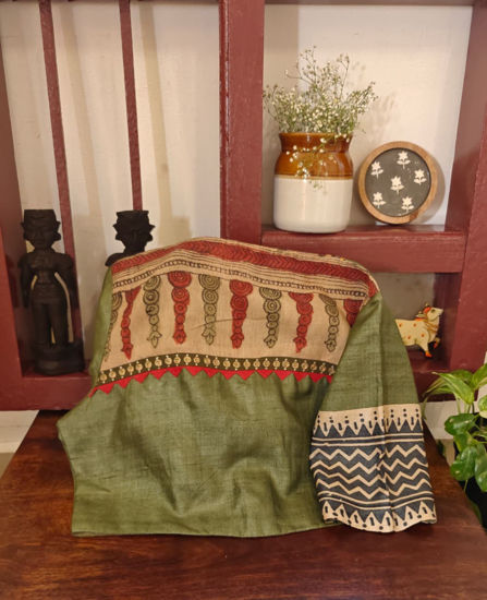 Tussar Silk in safe green,